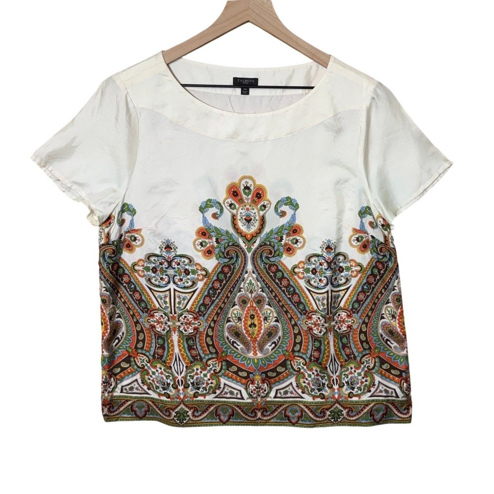 Talbots Silk Blouse Women 14p White Paisley Print Short Sleeve Side Zip Top Boho
